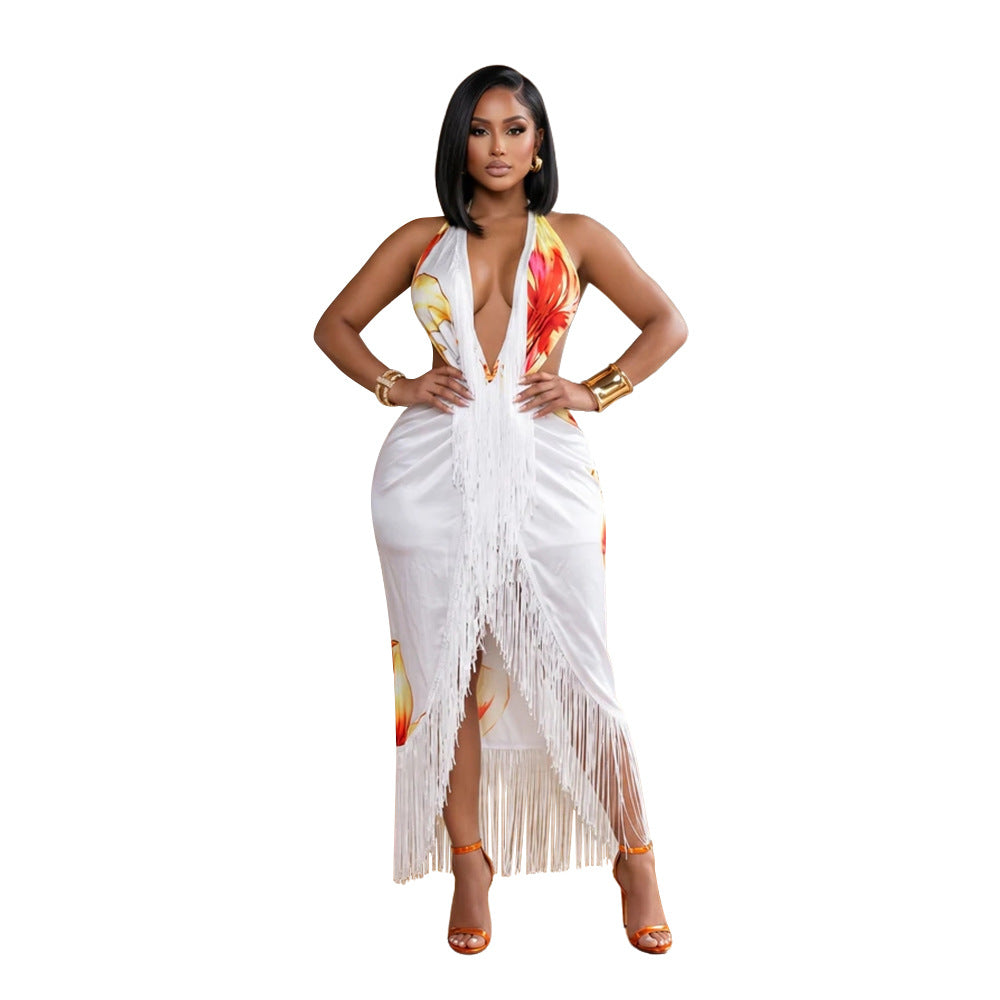 Halter Fringe Asymmetric Print Dress
