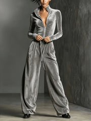 Velvet Zip Front Tie Waist Wide Leg Jumpsuit