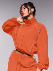 Contrast Piping Cropped Jacket and Wide Leg Pants Set