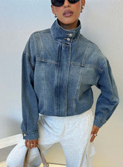 Stand Collar Washed Denim Jacket