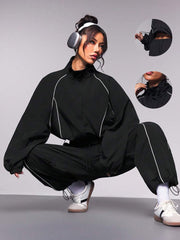 Contrast Piping Cropped Jacket and Wide Leg Pants Set