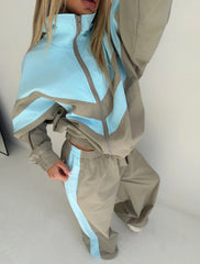 Contrast Panel Stand Collar Jacket and Pants Set