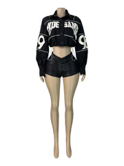 Letter Embroidered Drawstring Cropped Jacket