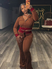 Contrast Trim Hooded Top and Flare Pants Set