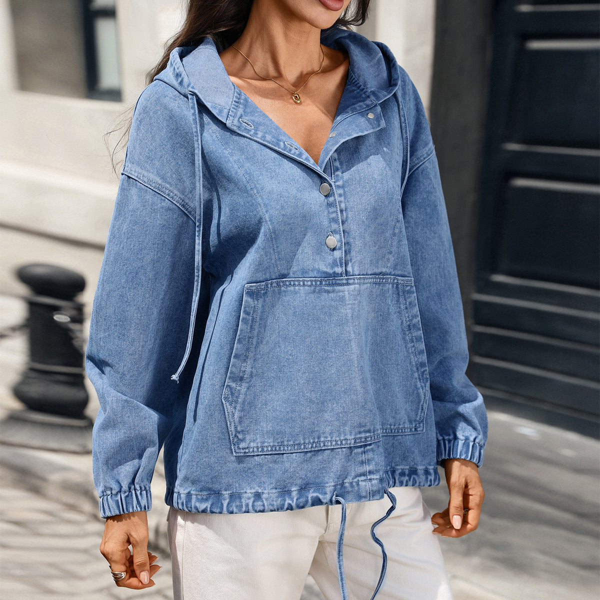 Hooded Half Button Washed Denim Pullover