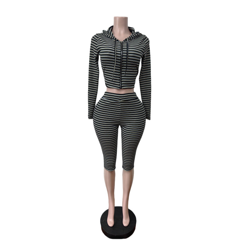 Striped Zip Hoodie and Capri Leggings Set