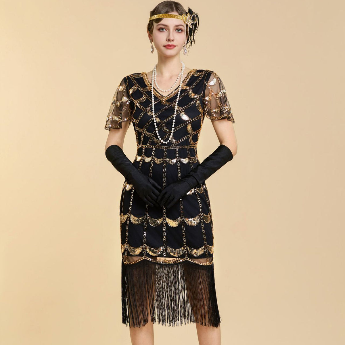 Plus Size Sequin Fringe Short Sleeve Flapper Dress