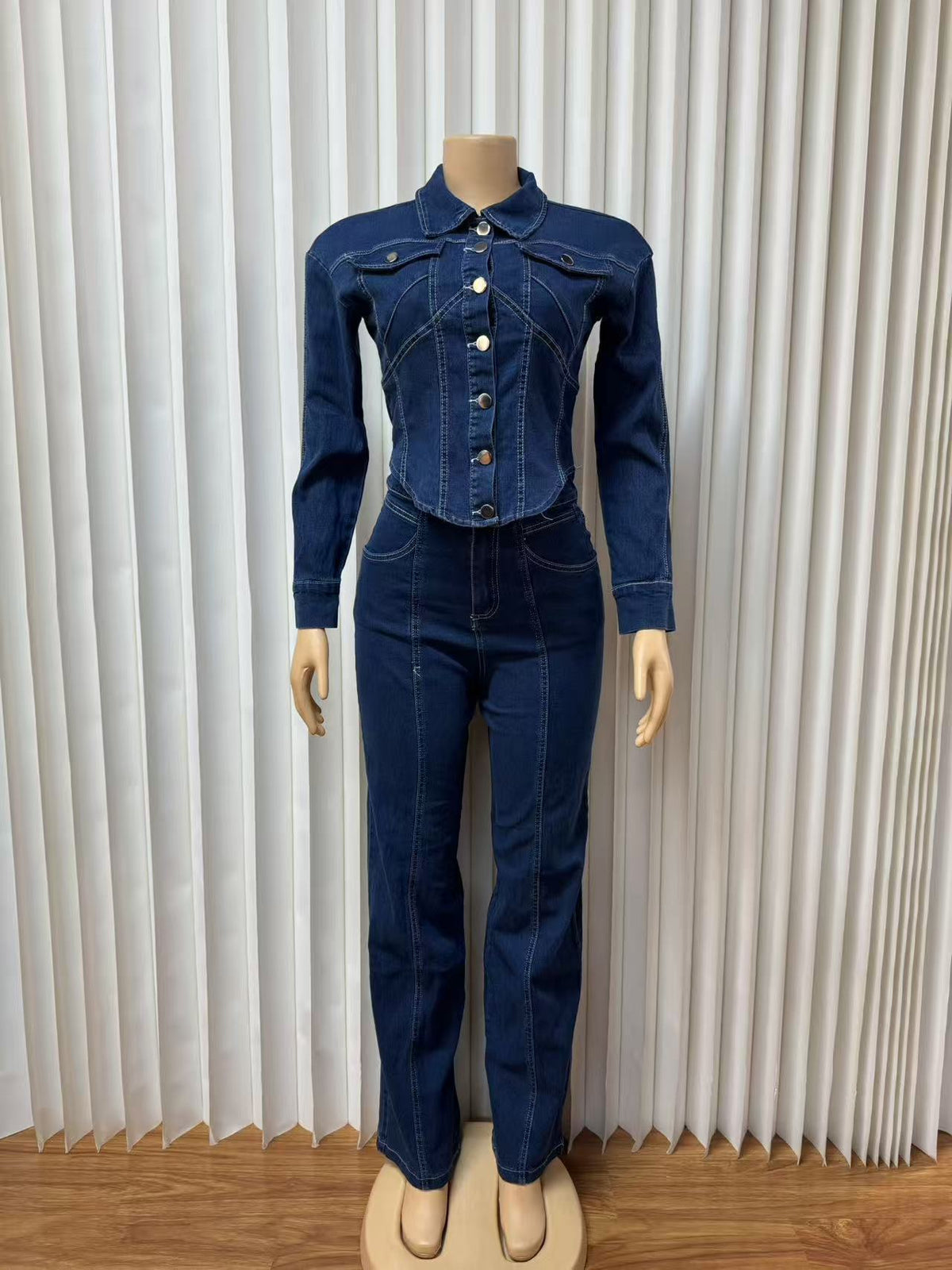 Fashion Slim Denim Shirt And Straight Jeans Set