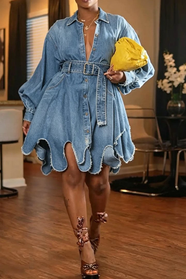 Belted Scallop Hem Denim Shirt Dress