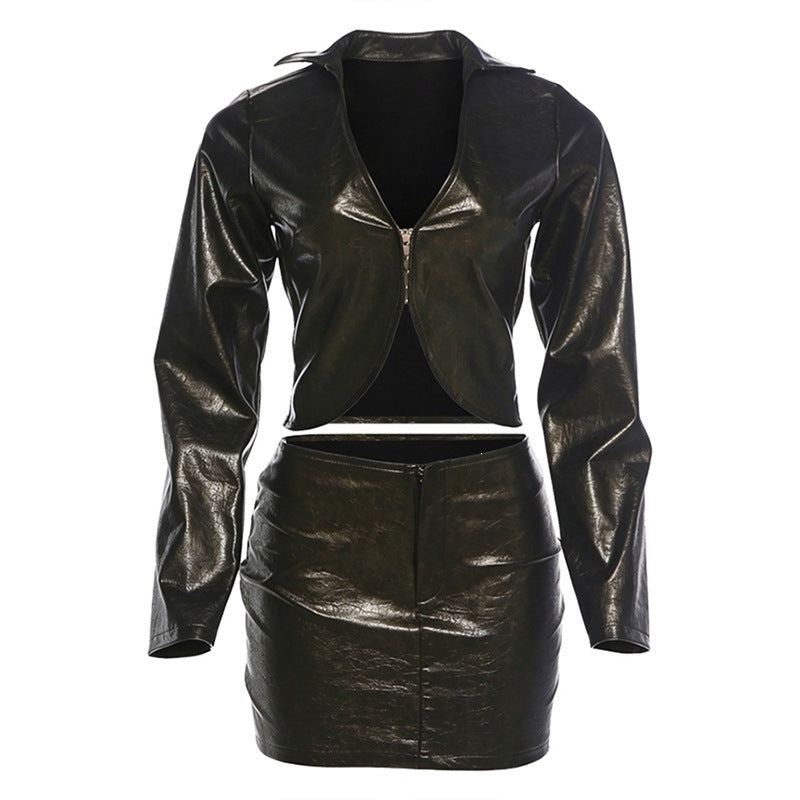 PU Leather Button Top and Low Rise Skirt Set