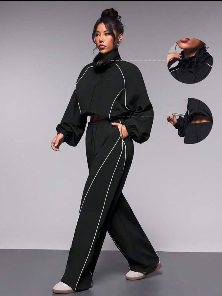 Contrast Piping Cropped Jacket and Wide Leg Pants Set