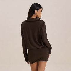 Cowl Neck Ruched Long Sleeve Mini Dress