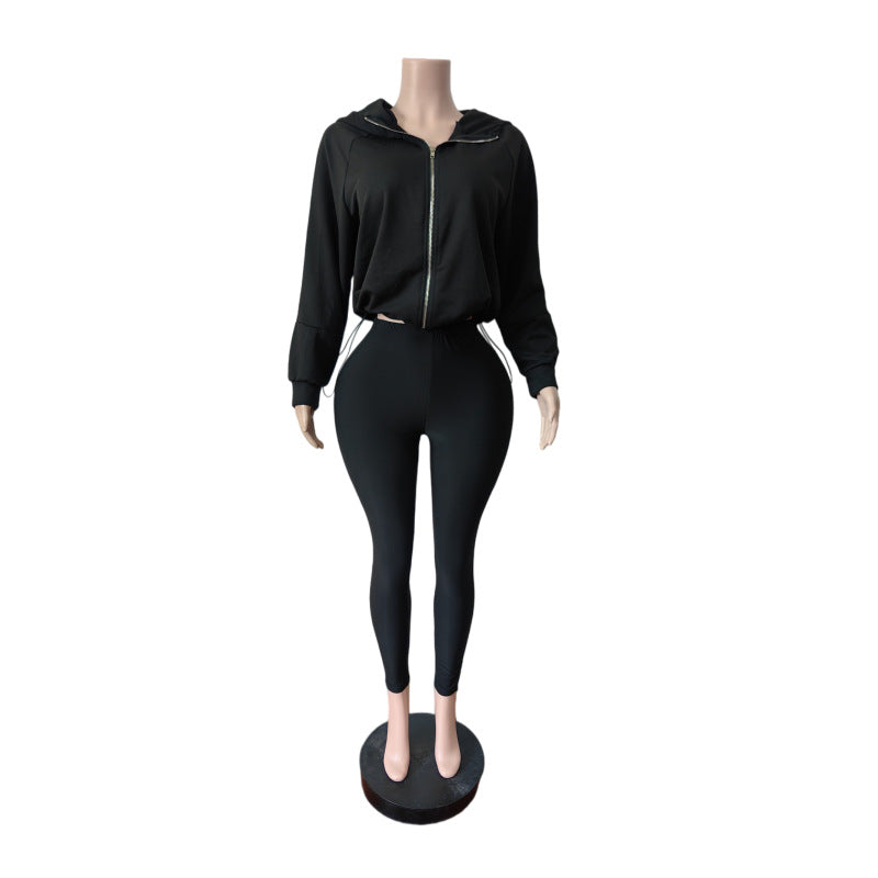 Drawstring Zip Hoodie and Leggings Set