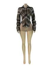 Plaid V Neck Split Sleeve Pullover Blouse