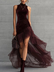 Velvet High Neck Asymmetric Tulle Hem Dress