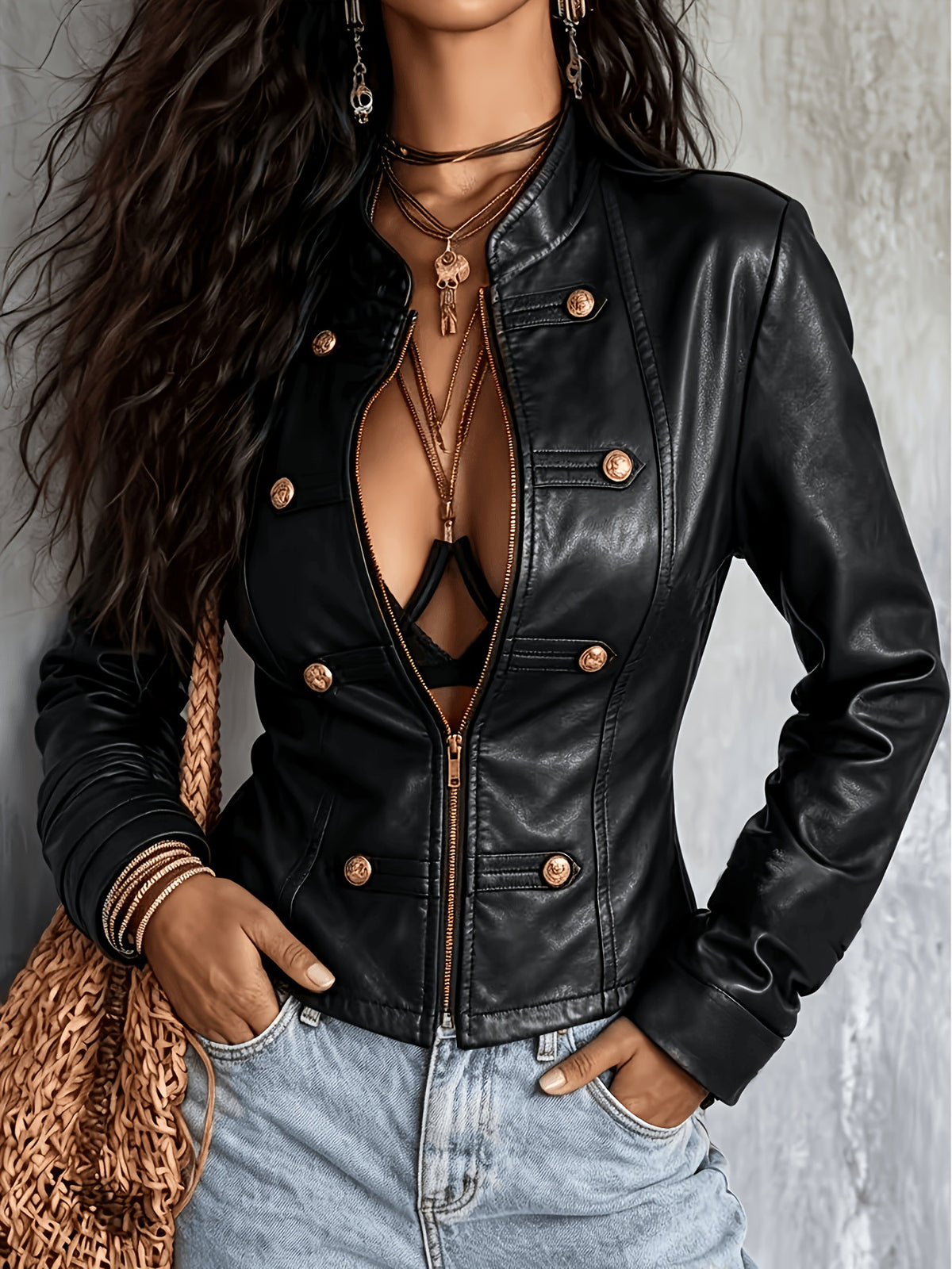Military Button Faux Leather Zip Jacket