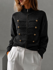 Button Trim Stand Collar Zip Knit Cardigan