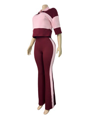 Striped Polo Top and Flare Pants Set