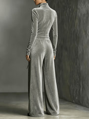 Velvet Zip Front Tie Waist Wide Leg Jumpsuit
