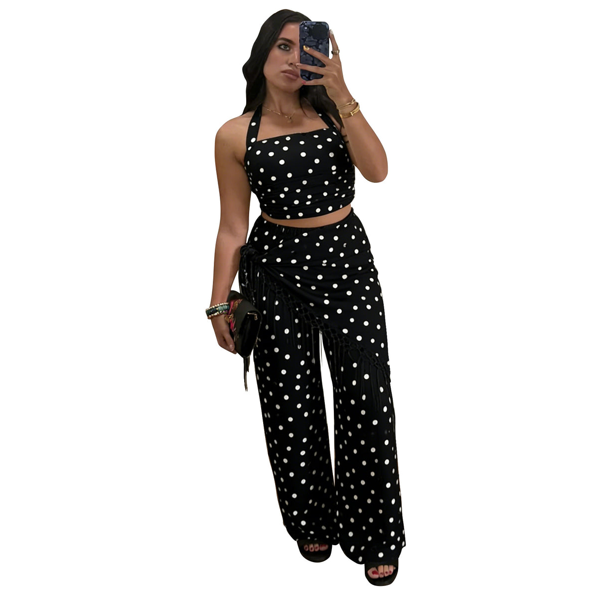 Fashion Polka Dot Halter Backless Fringe Set