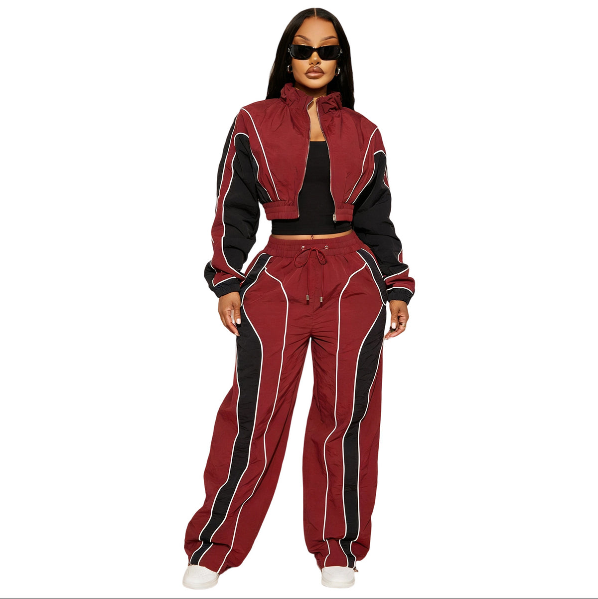 Color Block Zip Top and Straight Pants Set
