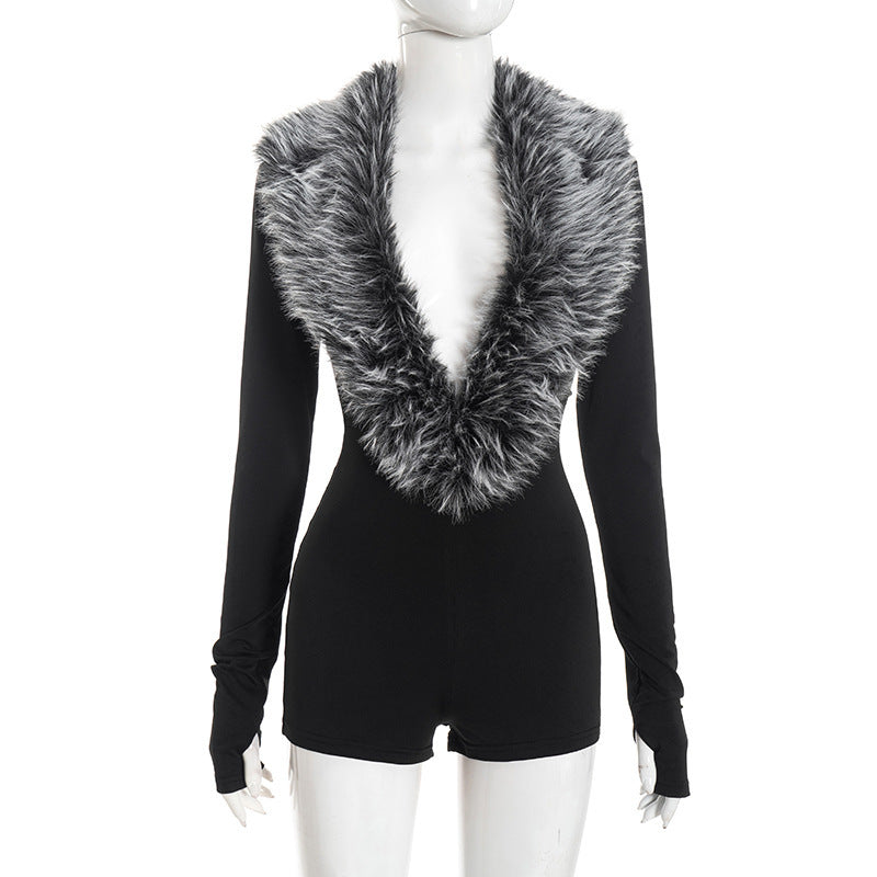 Faux Fur Deep V Long Sleeve Romper