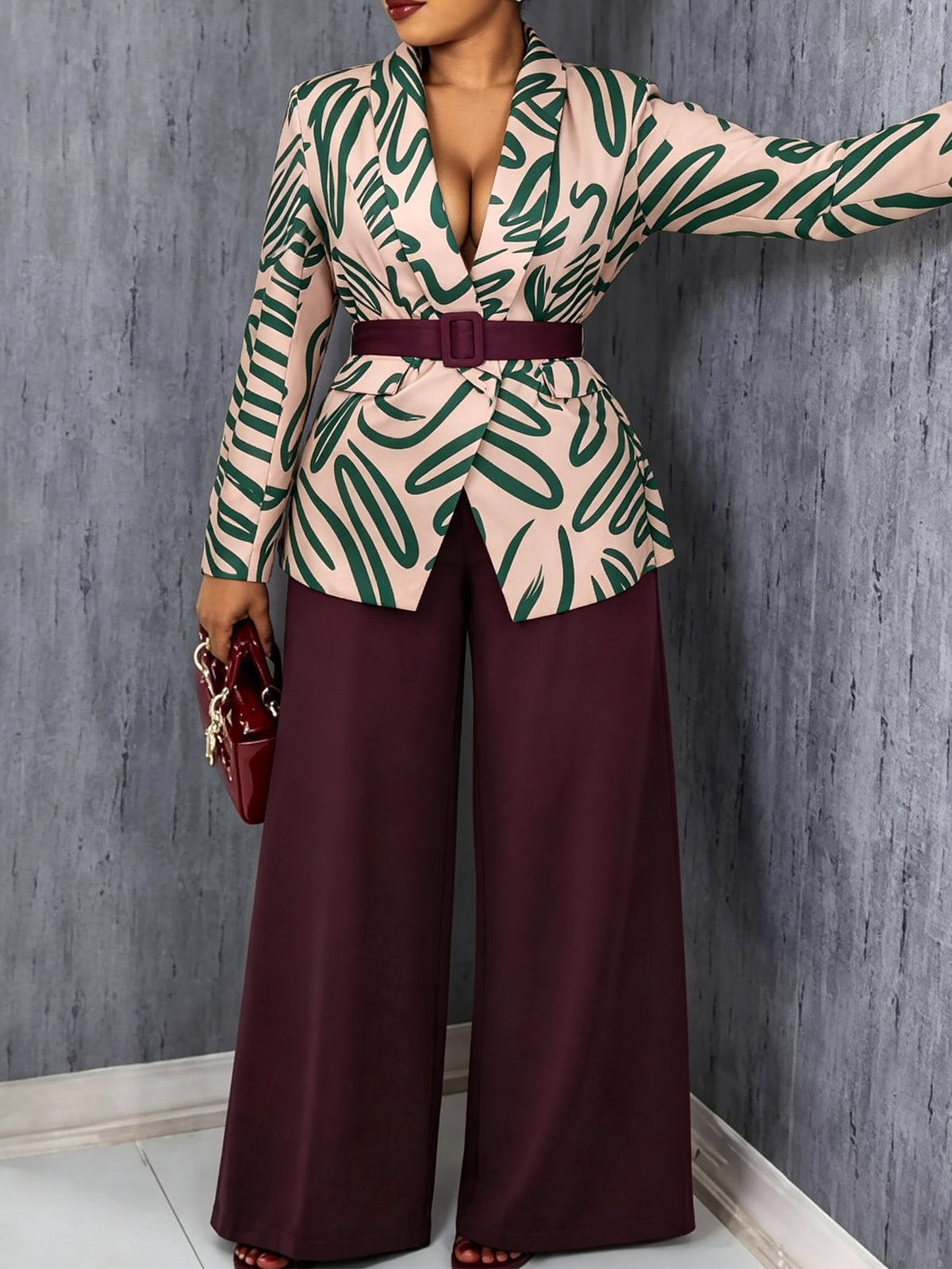 Women's Printed Blazer and Straight Leg Pants Set