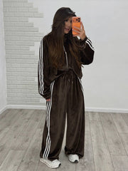 Velvet Side Stripe Zip Jacket and Wide Leg Pants Set