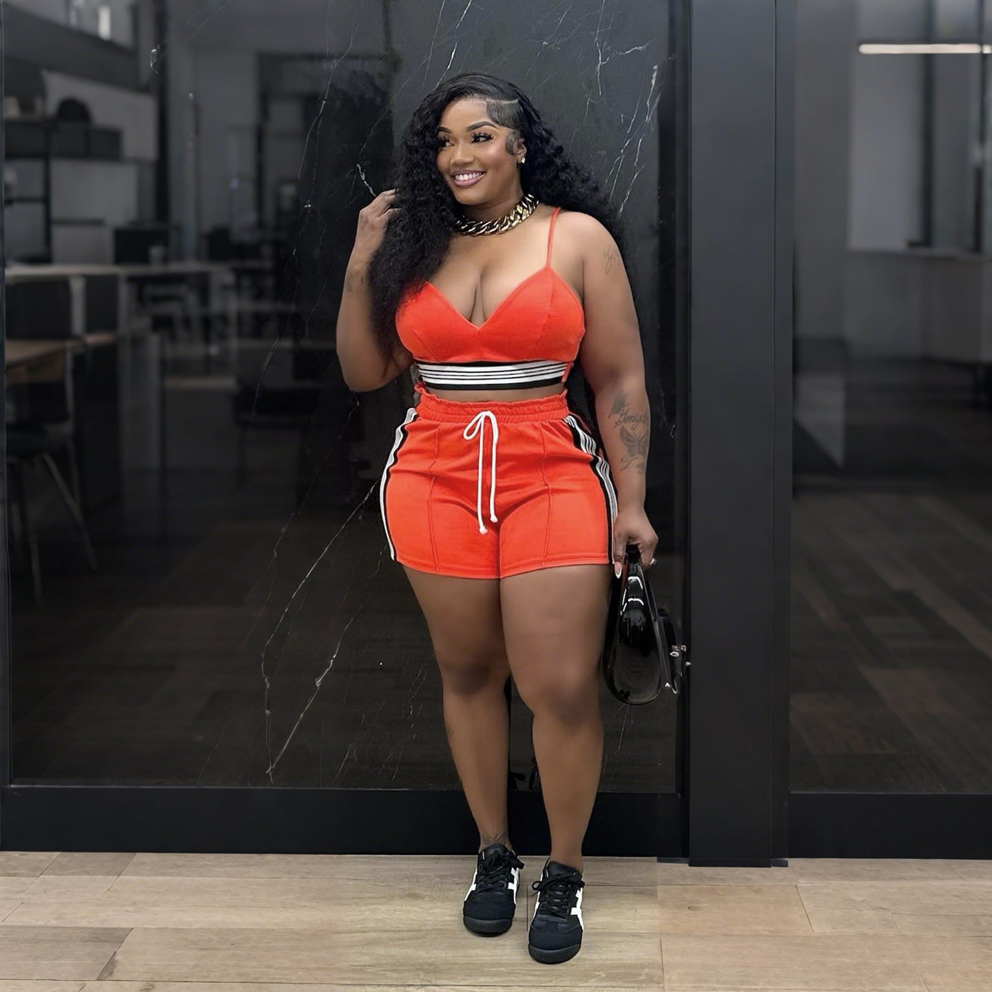 Fashion Patchwork Sling Crop Top Shorts Set