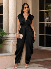 Deep V Tie Waist Top and Pants Set