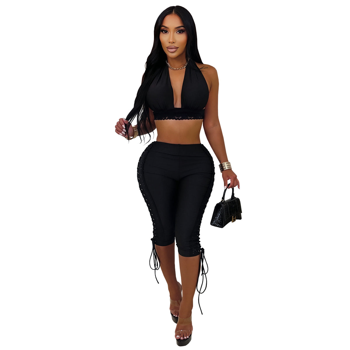 Halter Crop Top and Lace Up Capri Pants Set