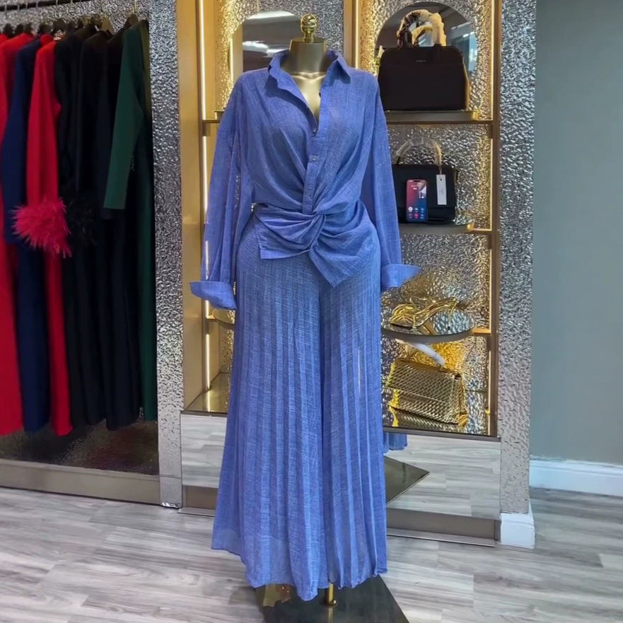 Pleated Shirt and Wide Leg Pants Set