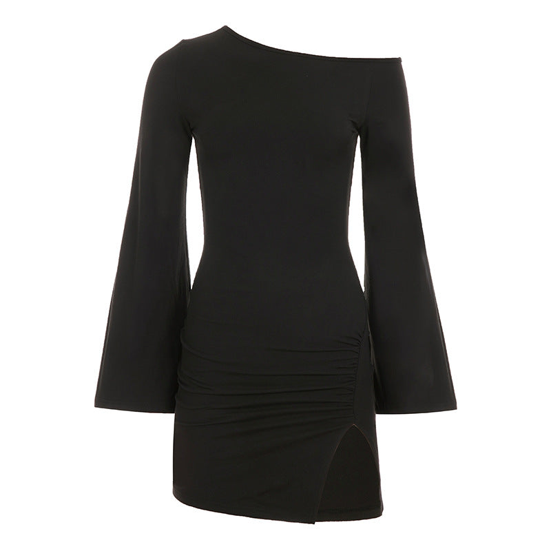 Asymmetric Bell Sleeve Ruched Mini Dress