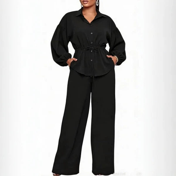 Collared Shirt and Wide Leg Pants Set