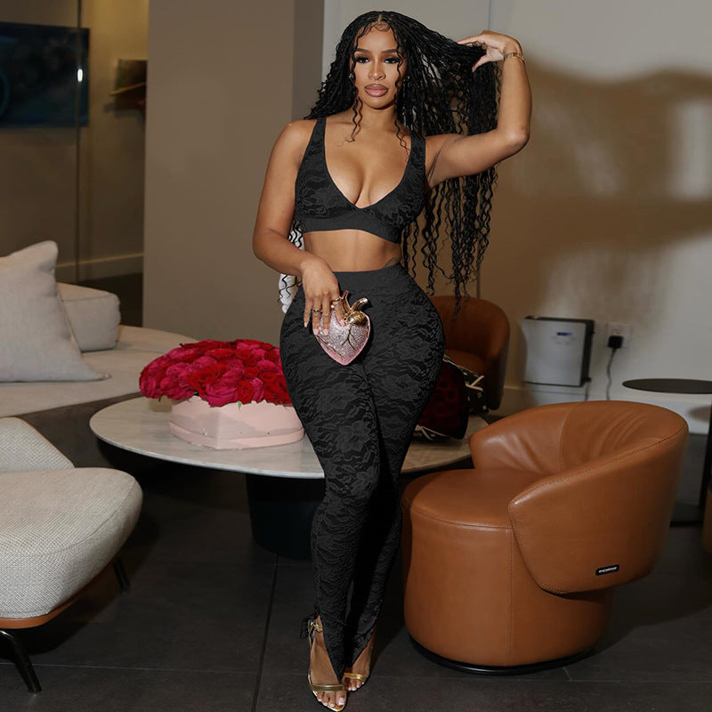 Sexy Lace See through Crop Vest Skinny Pants Set