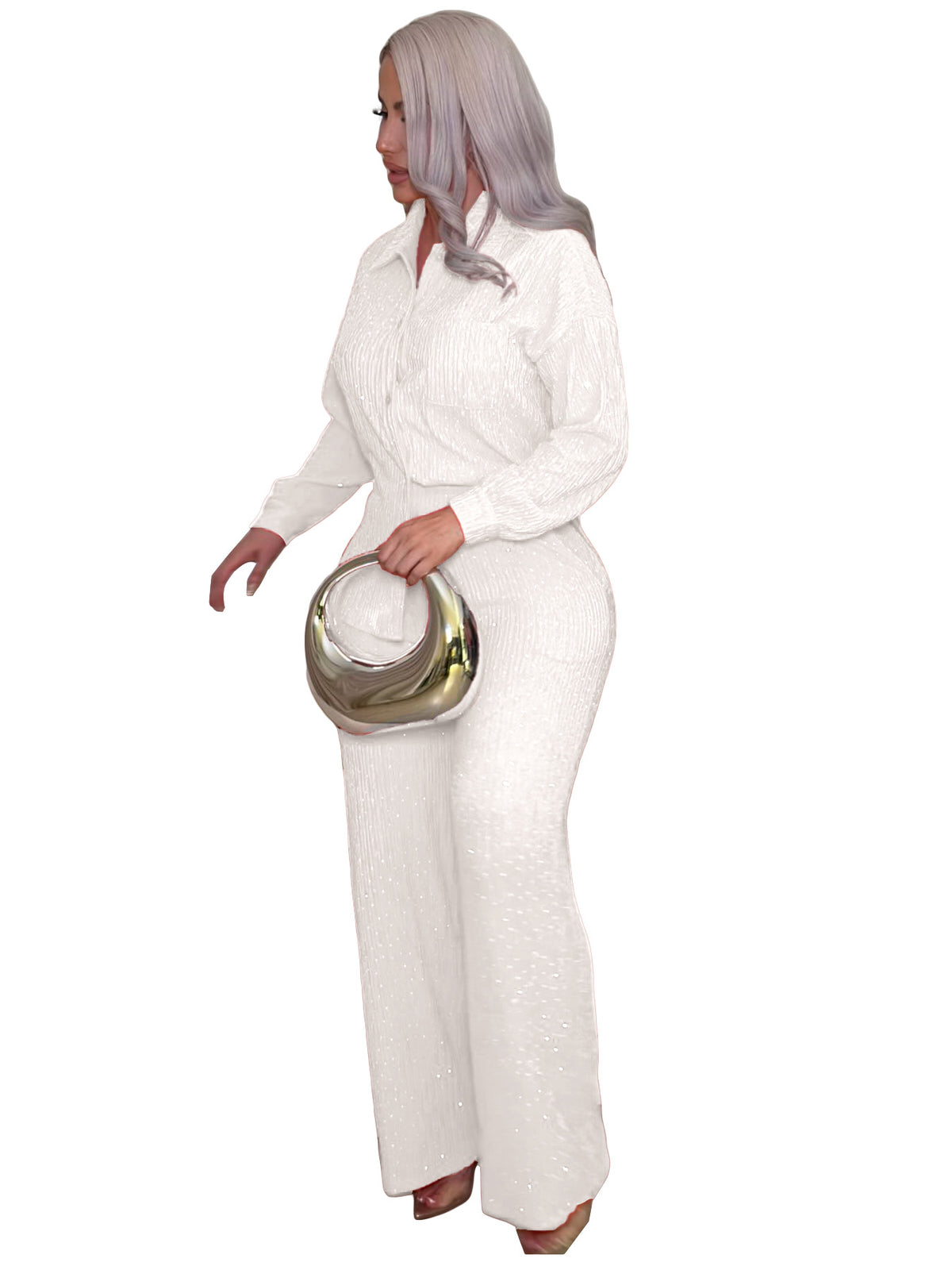 Rhinestone Pleated Shirt and Wide Leg Pants Set