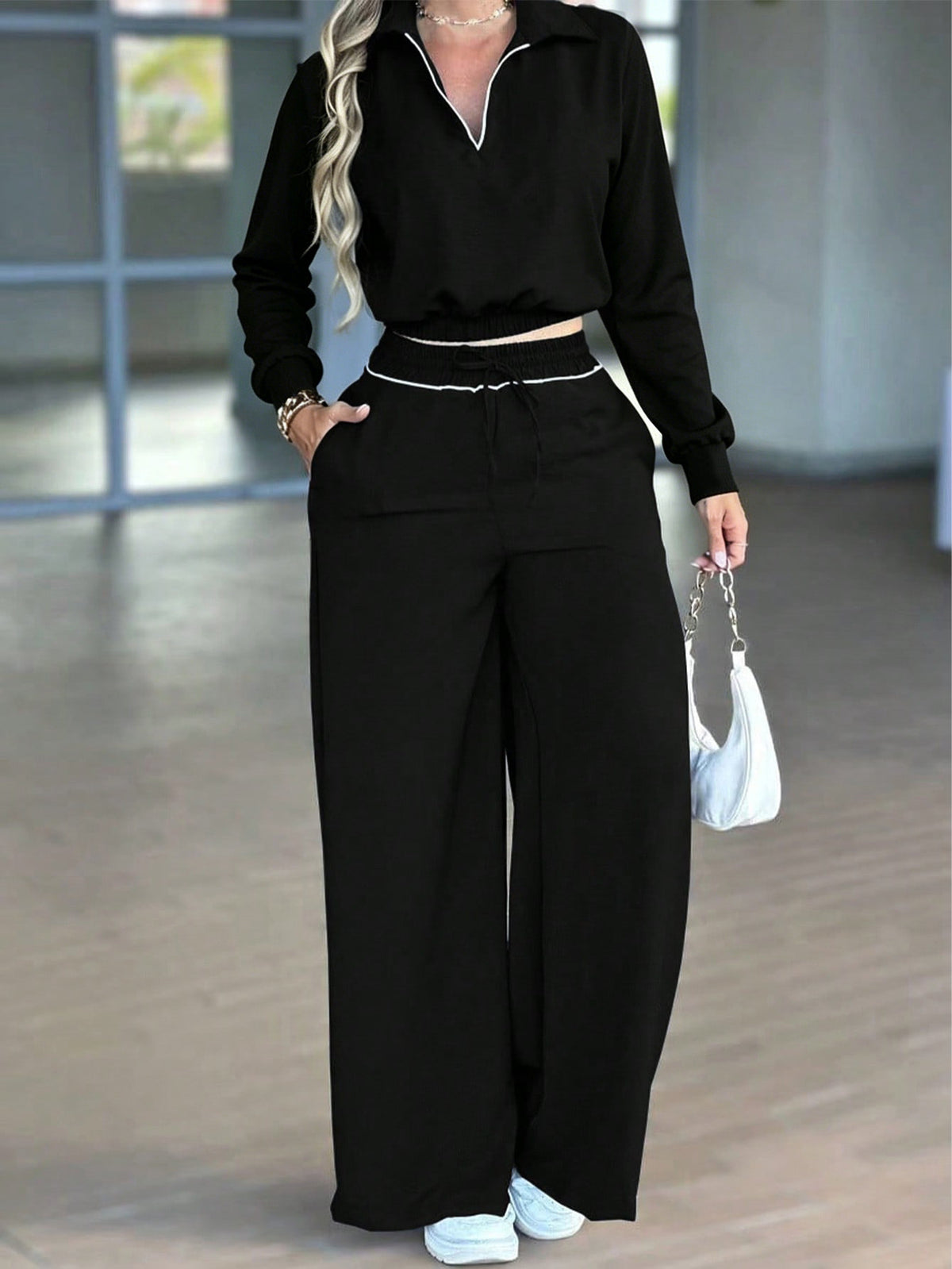 Stand Collar Top and Straight Leg Pants Set