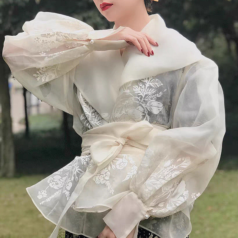 Organza Print Tie Neck Blouse