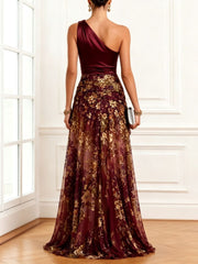 One Shoulder Floral Slit Maxi Dress