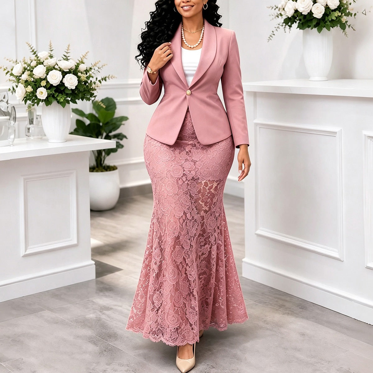 Cropped Blazer and Lace Fishtail Skirt Set