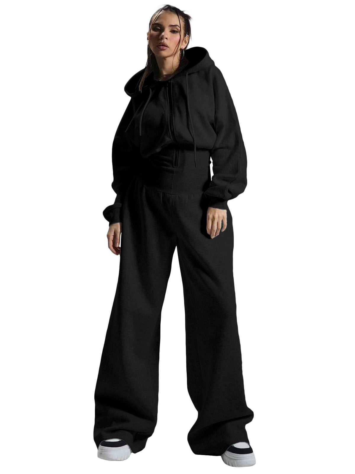 Fleece Hooded Zip Front Wide Leg Jumpsuit