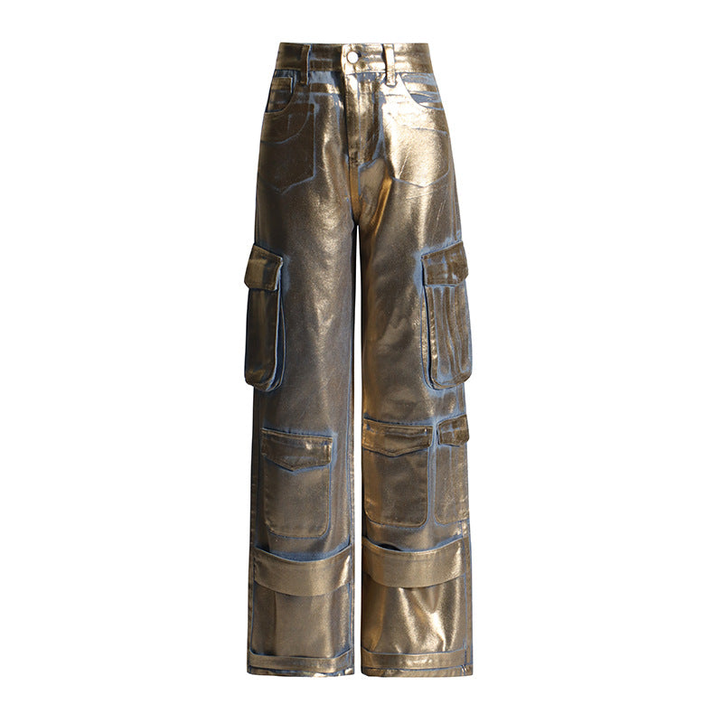 Fashionable Gold Print Multi-pocket Jeans