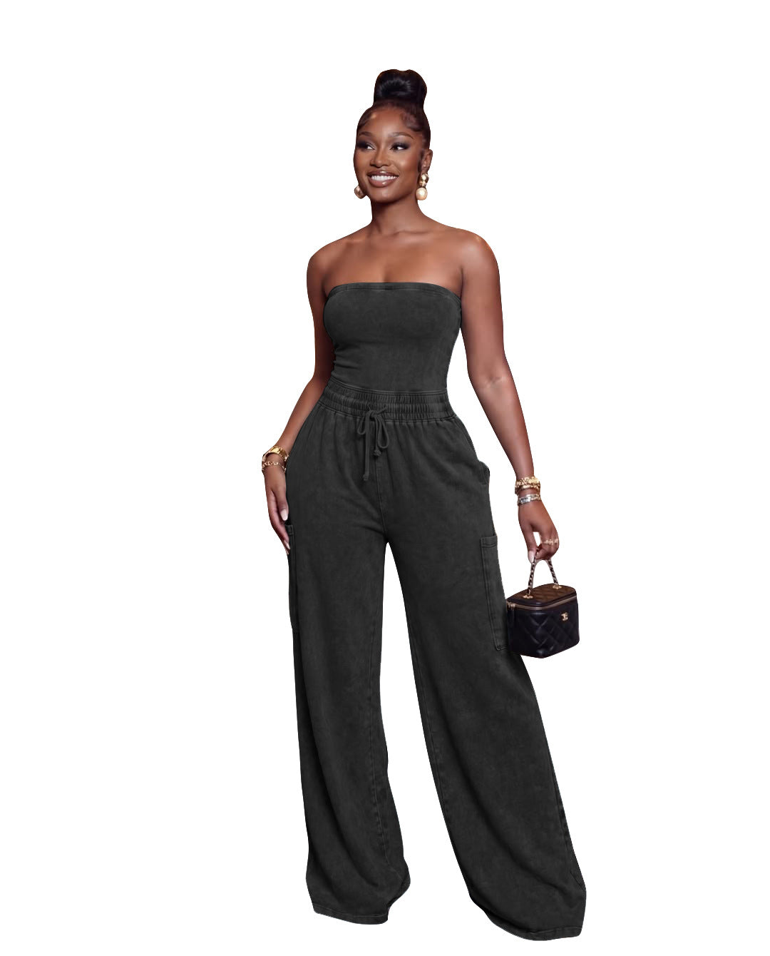 Washed Strapless Wide Leg Jumpsuit