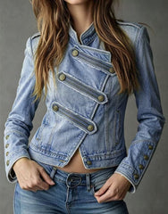 Stand Collar Military Button Denim Jacket