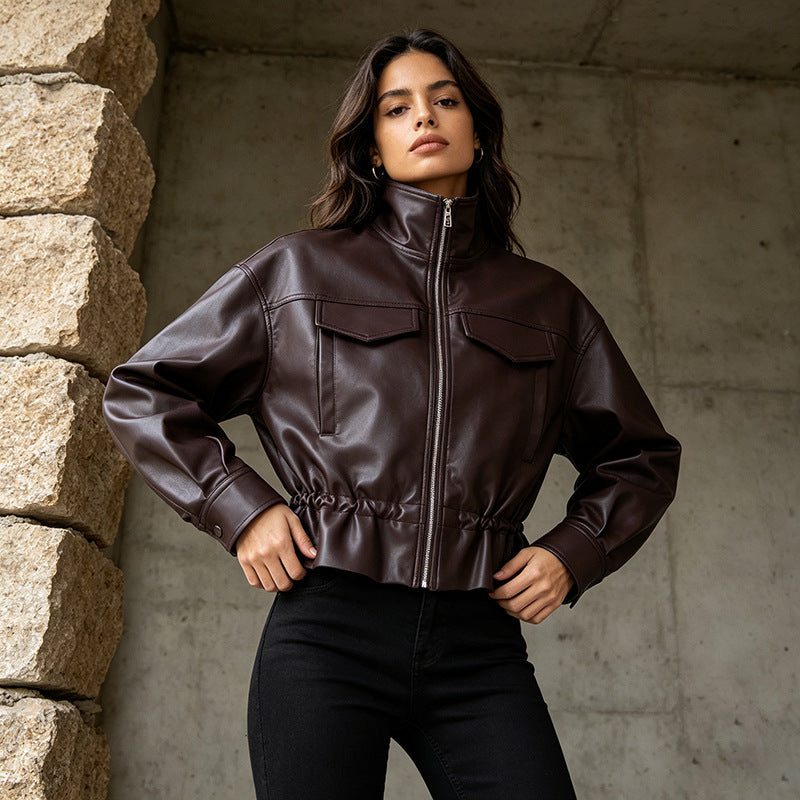 Stand Collar Faux Leather Moto Jacket -botique