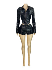 Faux Leather Biker Jacket and Shorts Set