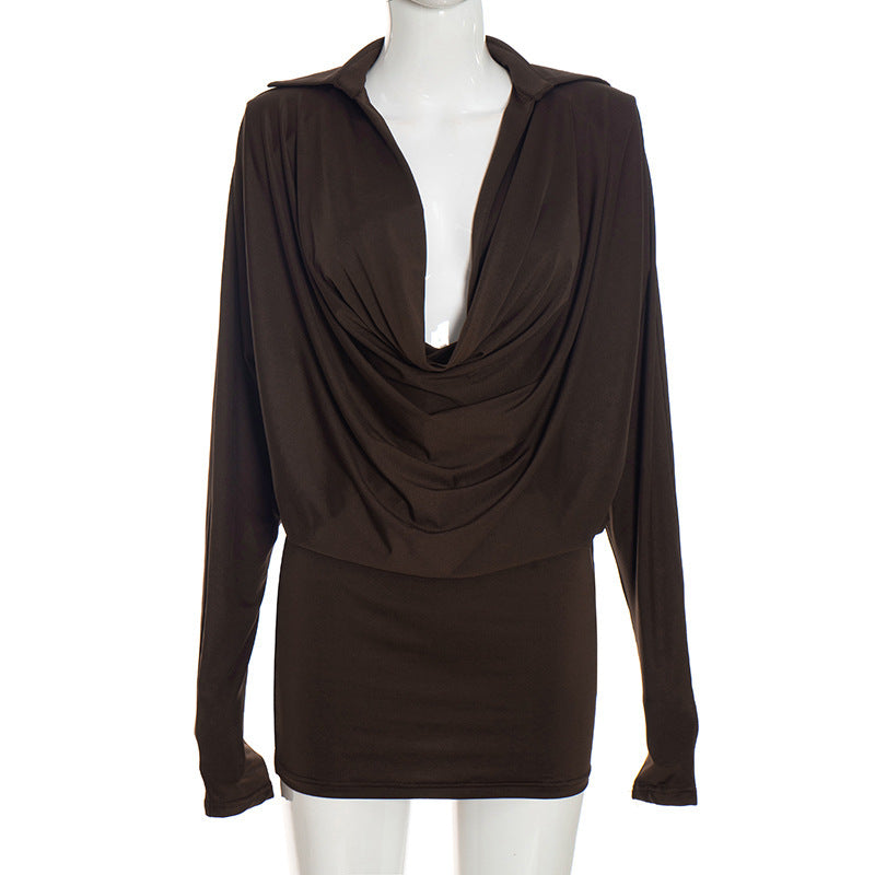 Cowl Neck Ruched Long Sleeve Mini Dress