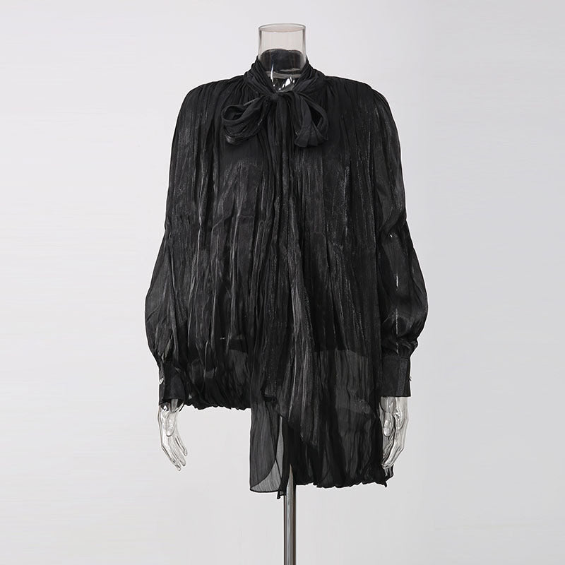Tie Neck Pleated Relaxed Blouse