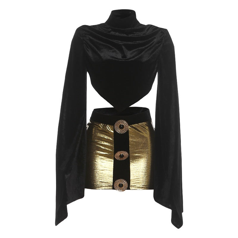 High Neck Bell Sleeve Top and Mini Skirt Set