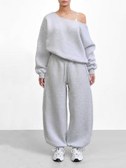 One Shoulder Sweatshirt and Wide Leg Pants Set